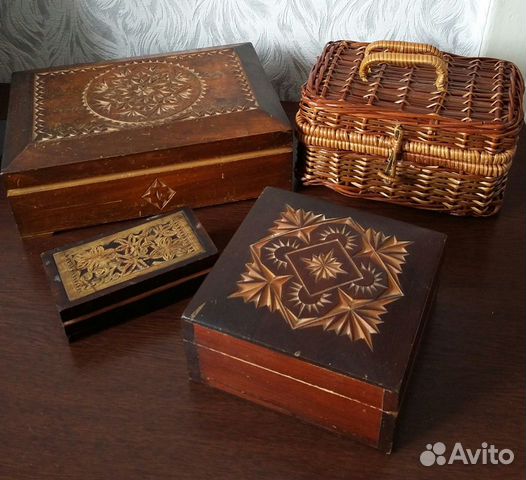 Винтаж СССР шкатулки дерево с ручной резьбой,плете
