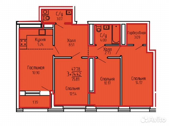 3-к квартира, 75.8 м², 19/19 эт.