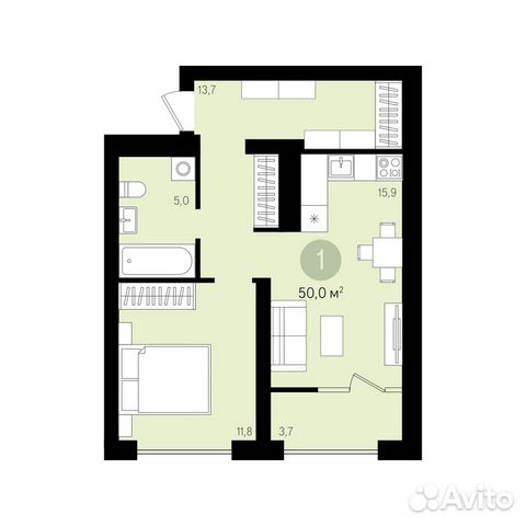 1-к квартира, 50 м², 14/16 эт.