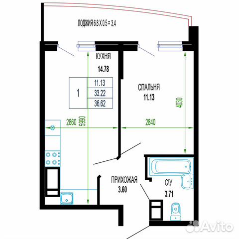 1-к квартира, 36.6 м², 20/24 эт.