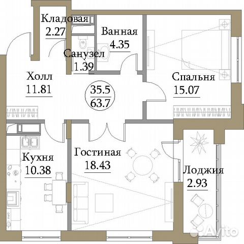 2-к квартира, 66.3 м², 6/19 эт.