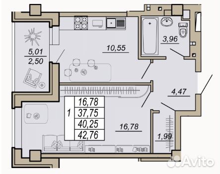 1-к квартира, 42.8 м², 7/24 эт.
