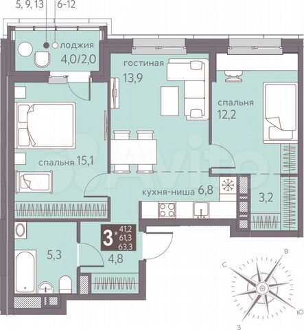 3-к. квартира, 63,3 м², 12/16 эт.