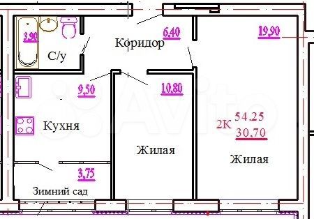 2-к. квартира, 54,3 м², 3/3 эт.