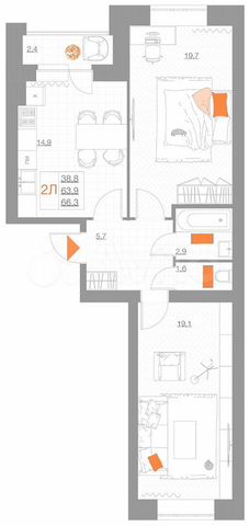 2-к. квартира, 66,3 м², 5/5 эт.