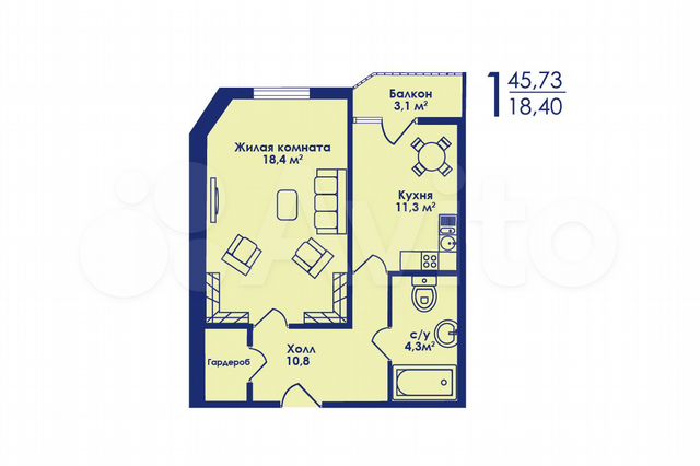 1-к. квартира, 45,7 м², 17/17 эт.