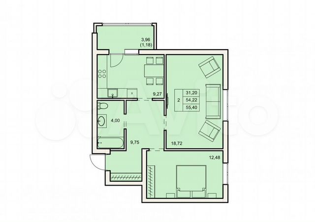2-к. квартира, 55,4 м², 9/16 эт.