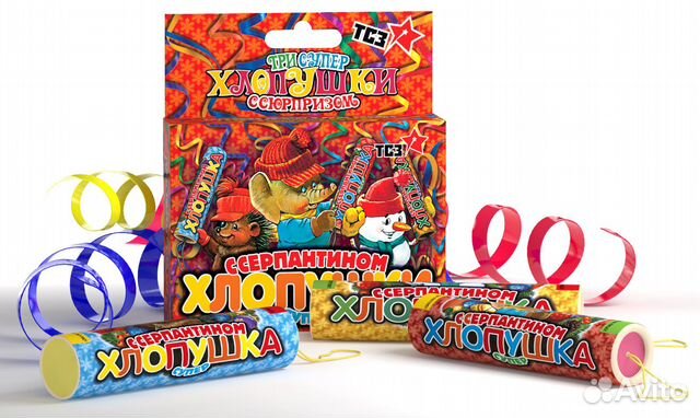 Хлопушка новогодняя 100мм,серпантин,упаковка 3 шт