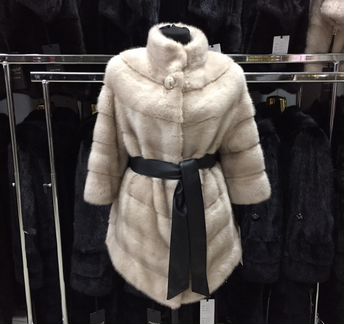 Шуба из норки,модель рубашка,кожаный пояс