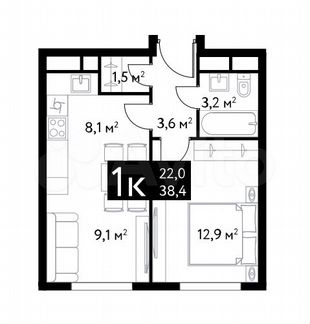 1-к квартира, 38.4 м², 11/22 эт.