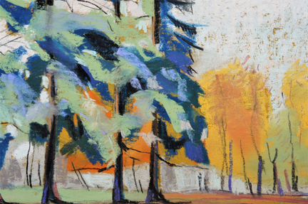 Картина пастелью, пейзаж, лес, деревья