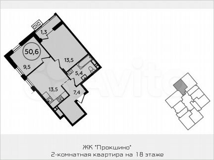 2-к квартира, 50.6 м², 18/18 эт.