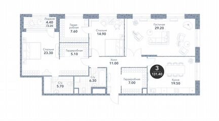 3-к квартира, 131.4 м², 2/19 эт.