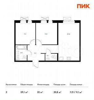 2-к квартира, 59.1 м², 12/17 эт.