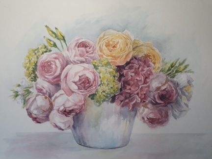 Акварель Розы и Гортензия Цветочная композиция