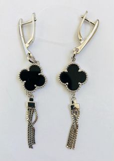 Серебряные Серьги с ониксом Van Cleef Новые